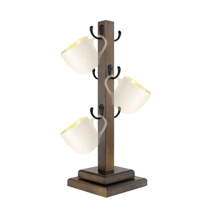 Space-Saving Rotated Brown Solid Wood Mug Rack Tree Organizer Tea Cup Organizer Hanger Holder With 6 Hooks