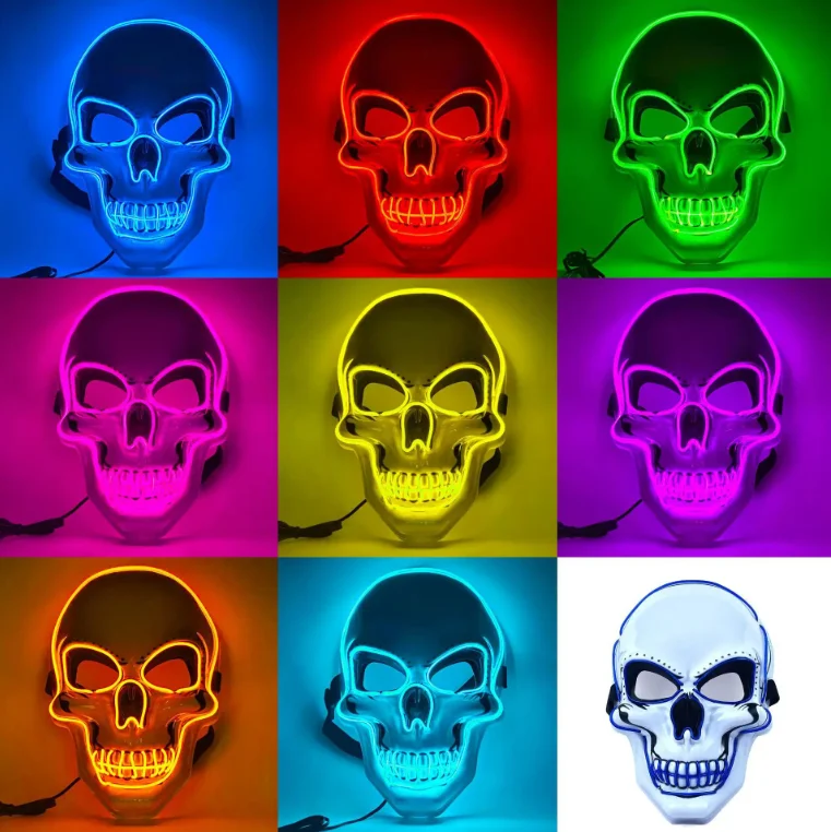 Halloween Party 2024 Skeleton Mask Horror Face Mask EL Wire Remote LED Mask
