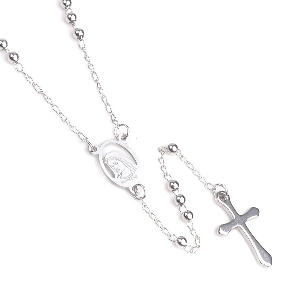 Catholic Prayers Stainless Steel with Virgin Mary Engraved Religious Women Necklace Rosary