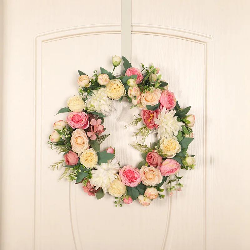 40cm Spring peony flower wreath Pink Cream White flower Wreath 40cm Front Door Decoration Artificial Peony Flower