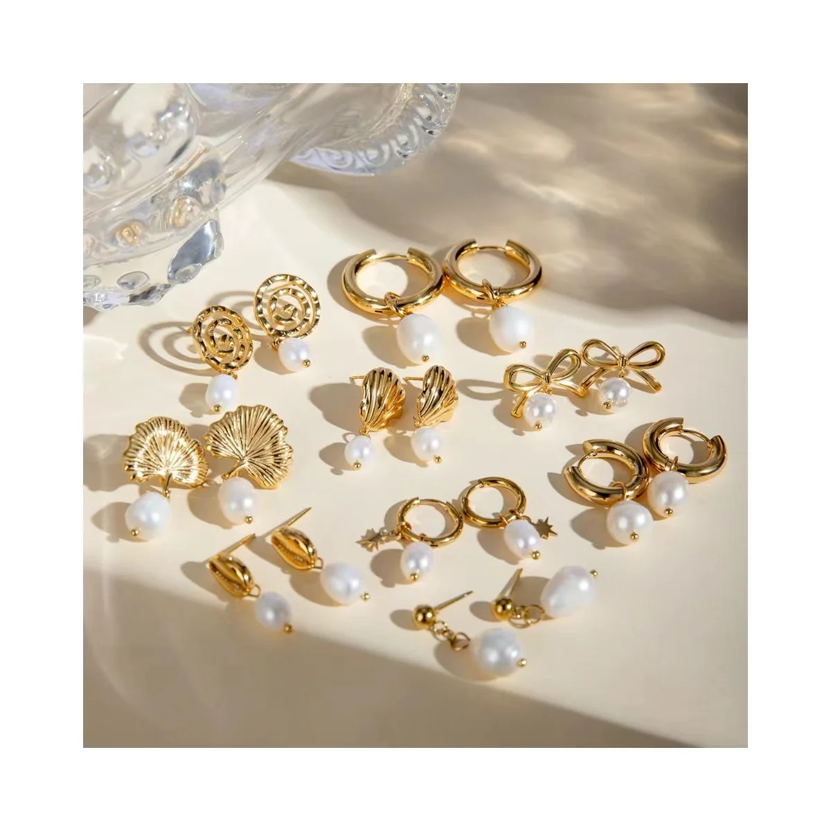 Fashion Jewelry Stainless steel CC hoop earrings freshwater pearl 18k gold plated waterproof non tarnish earrings