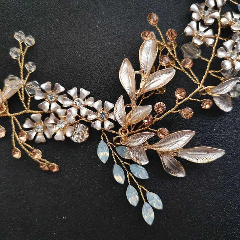 SLBRIDAL Alloy Flower Leaf Crystals Rhinestones Bridal Hairbands Wedding Headband Hair accessories Bridesmaids Hair Vine Jewelry