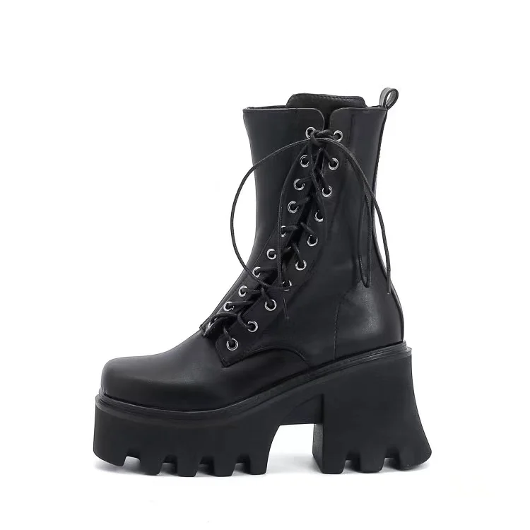 Shein 2021 Wide Fit Women Boots Plus Size Platform Vintage Wedge Chunky High Heel Lace Up Combat Boots Leather Boots In Stock