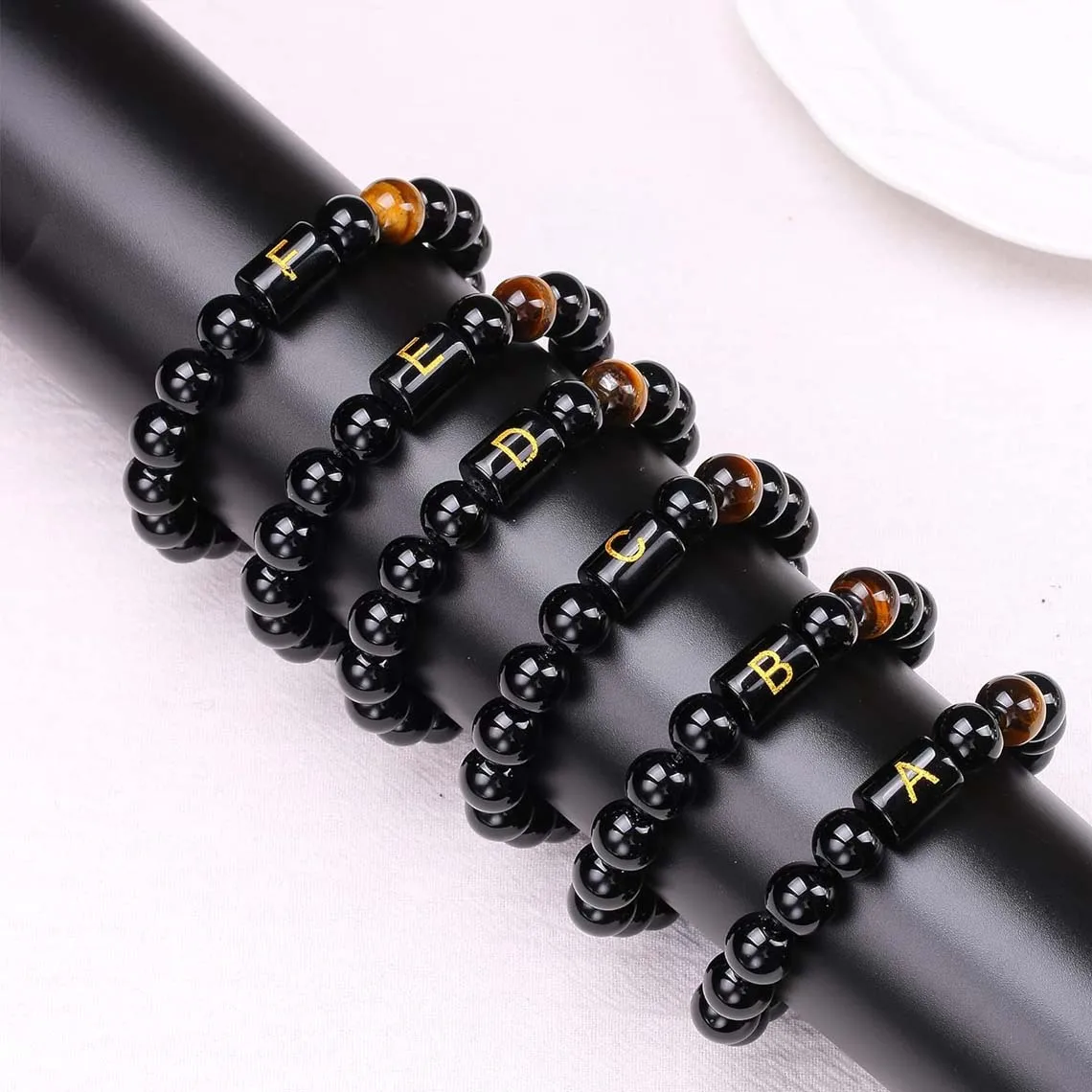 Custom Name A-Z letter Black Agate Man Bracelet Natural Crystal Healing Meditation Stacked Adjustable Friendship Bracelets Women