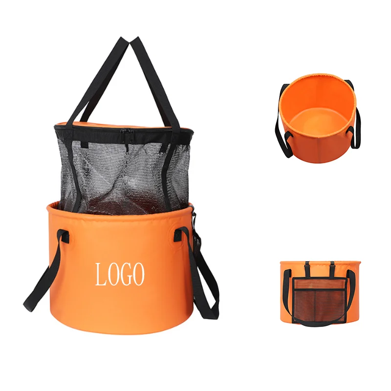 New Foldable Floating Fishing Basket Portable Collapsible Mesh Fishing Bait Storage Cage Rubber Coated Nylon Fishing Bucket Bag