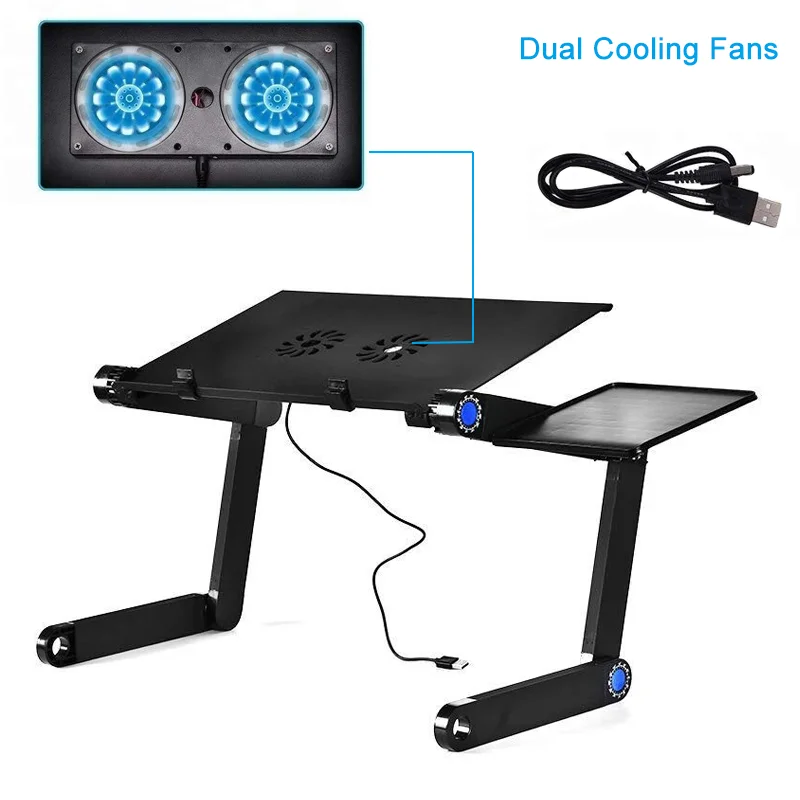 hot aluminum adjustable laptop table portable bed table with two cooling fans and mouse pad folding cooling pad for home