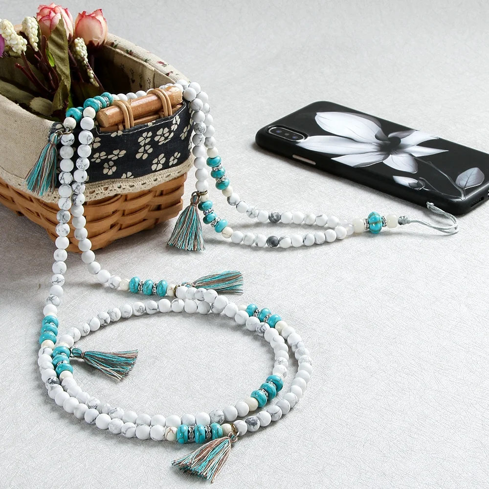 2021 New boho style synthetic white turquoise phone accessories chain beads mobile straps for mobile/ glasses/necklace/bracelet