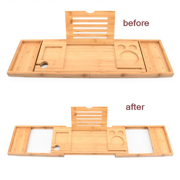 Adjustable natural bamboo bath tub tray wholesale bathroom reading mobile phone holder