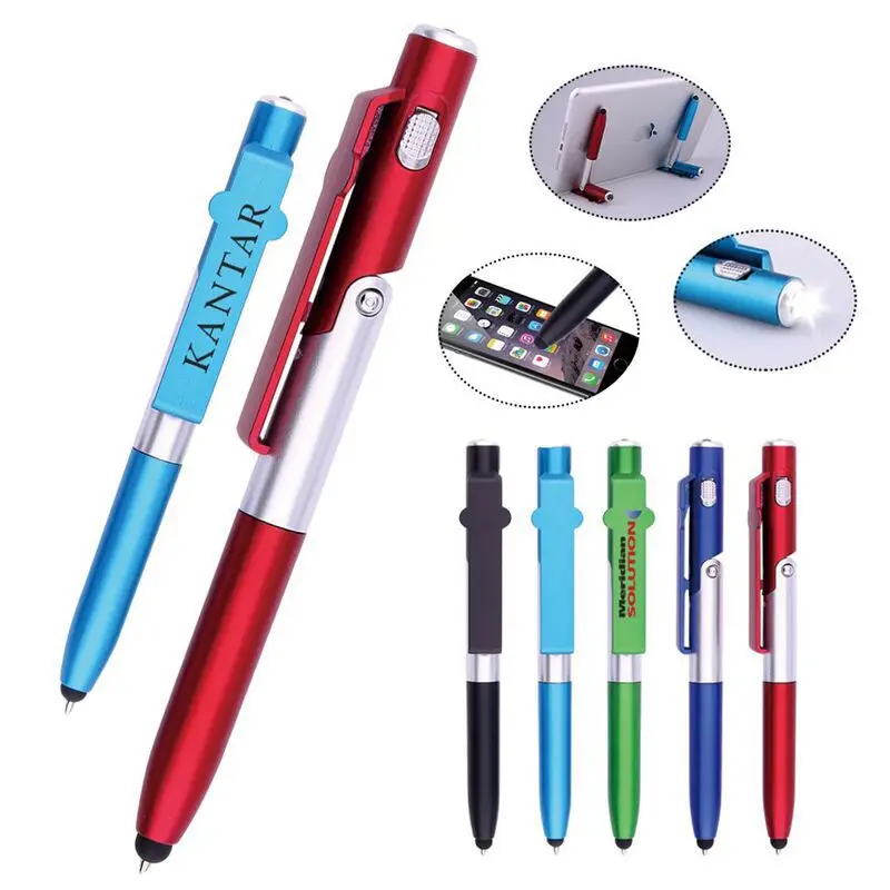 Wholesale Custom 4 in 1 Multifunctional LED Folding Light Pen High Quality Promotional Stylus Pen Ballpoint Pen with Phone Stand