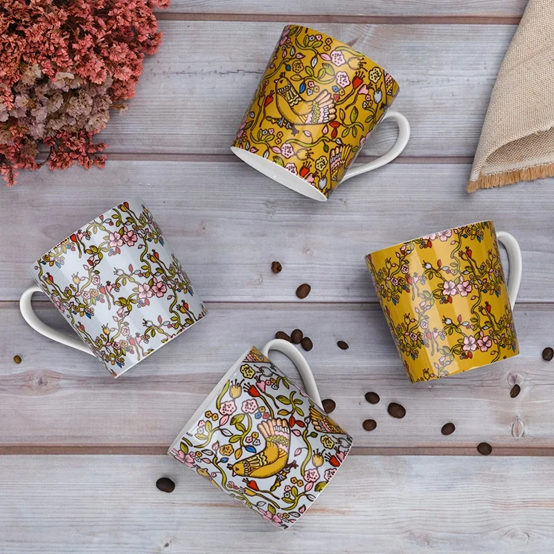 Custom logo mugs ceramic mug for tea coffee with birds decal wholesale