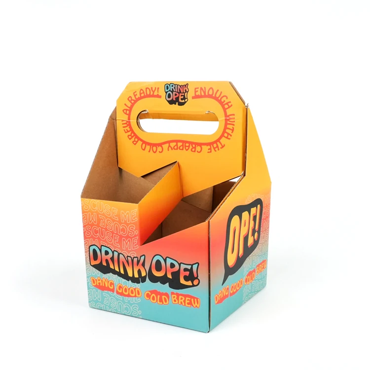 Customized Cardboard Kraft Holder 4 6 Pack Bottle Wine Carrier Box Corrugated Carton Six Packing Beer paper Box with handle