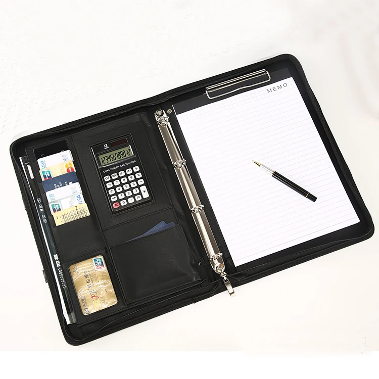 office supplies A4 custom logo leather zippered padfolio portfolio document bag 4 ring binder file folder with handle