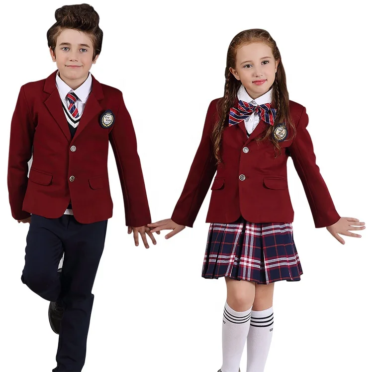 Factory Wholesale  Primary and Kindergarten Boys and Girls School Uniform Burgundy Blazer Set