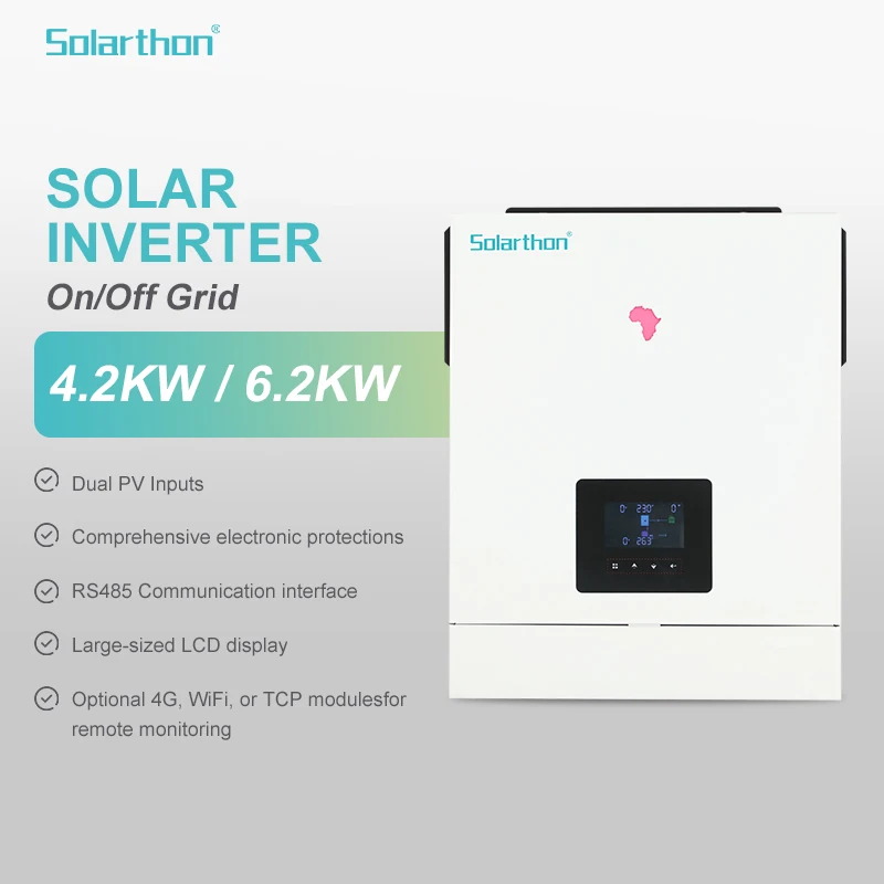 Soalrthon 6.2KW 48V DC 220/230V AC Pure Sine Wave Solar Inverter DUAL MPPT On/Off Grid Solar Inverter