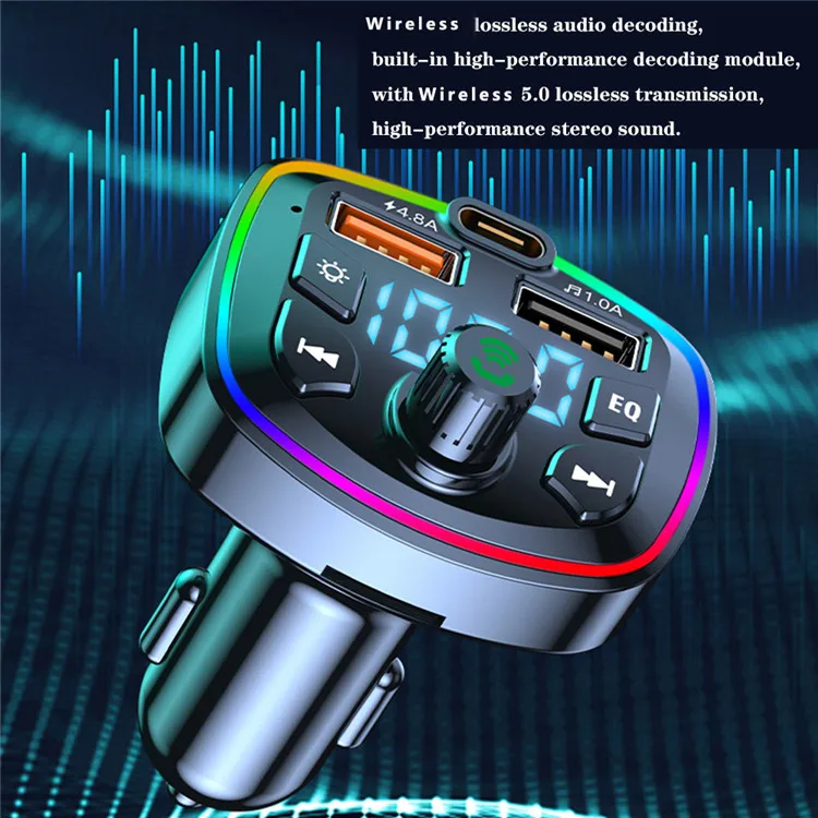 USB 4.2A Car Wireless 5.0 Charger FM Transmitter PD 18W Type-C Dual Colorful MP3 Music Player