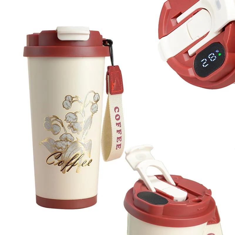 24 New smart LED temperature touch digital stainless steel mug display coffee travel cup tumbler with straw and coffee drink lid