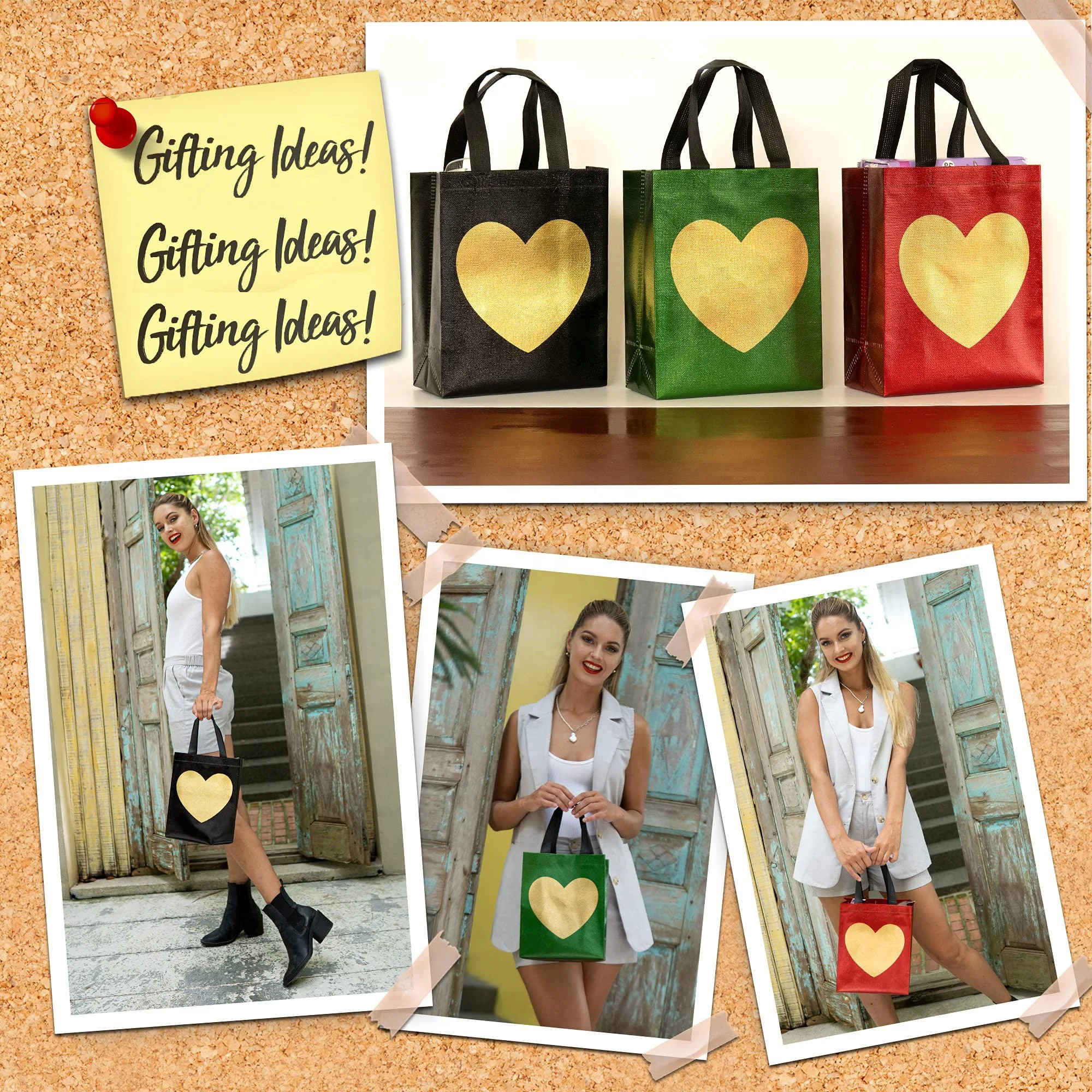 Christmas Party Medium Size Red Green Black Eco-friendly Gift Glossy Finish Reusable Non Woven Pp Bag With Shiny Gold Heart