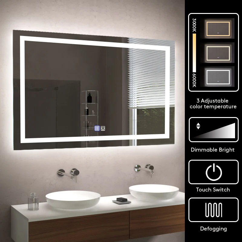 Smart Rectangle Wall Mirror Bathroom Vanity Smart Mirror Bathroom Lights Waterproof Backlight Led Lit Modern Bath Mirrors