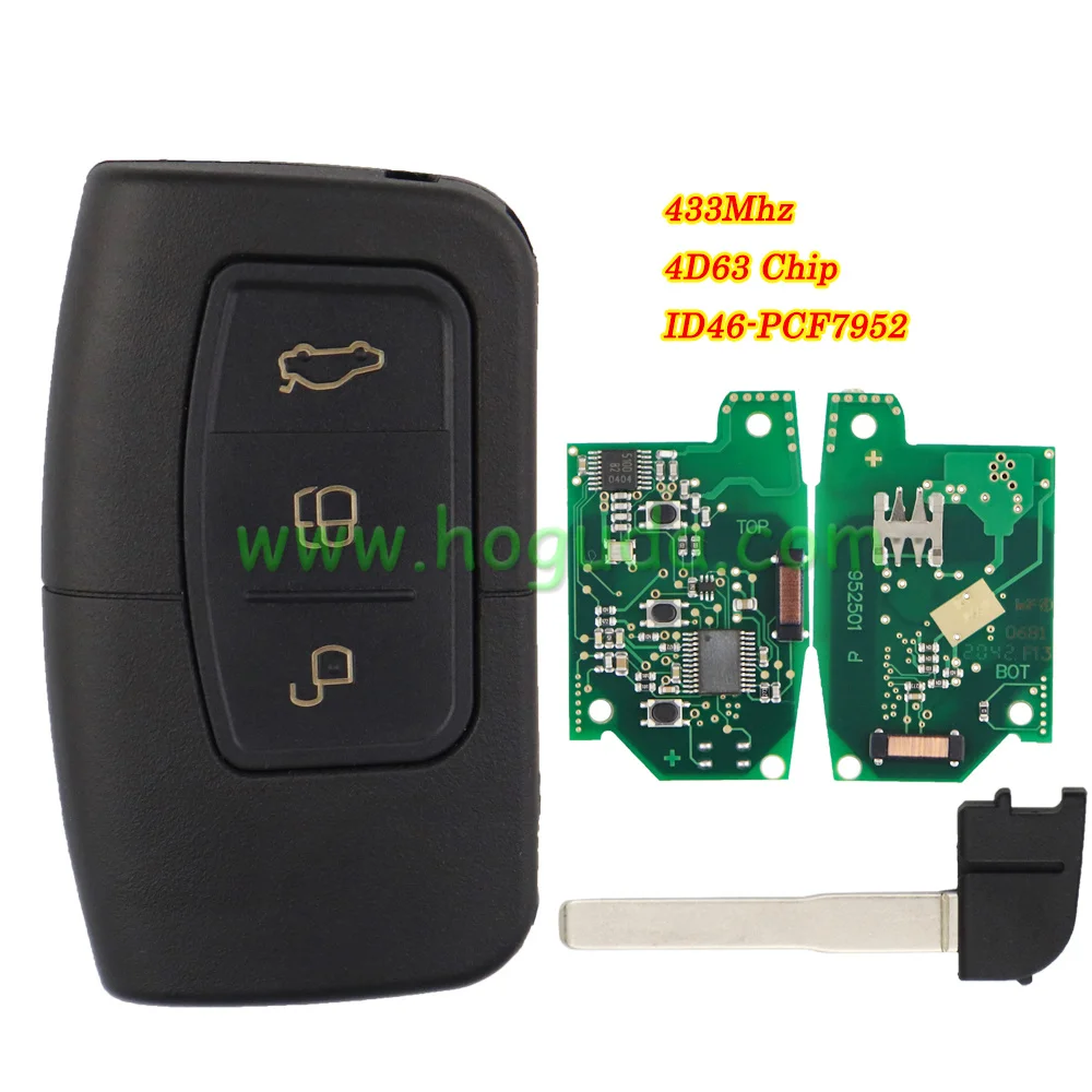 For Ford 3 button keyless go remote key with 433mhz  ASK ID46 PCF7952 4D63 Chip FCCID:3M5T-15K601-DC