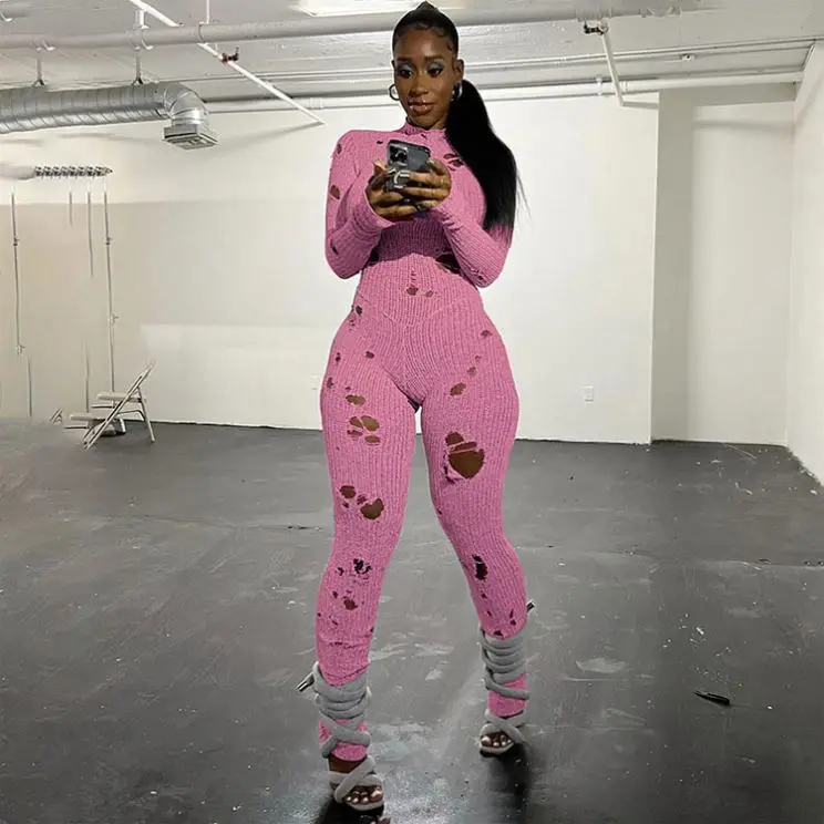 Autumn And Winter Tight Long Sleeve Jumpsuit New Fashion Ripped Back Strap Woolen Knitted Jumpsuits, Playsuits