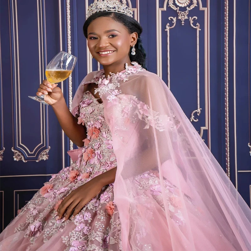 Mumuleo Pink Tulle Luxury Ball Gown Quinceanera Dresses With Cape Sweet 16 Dress Appliques Flower Back Lace-Up Vestidos 15 De Xv