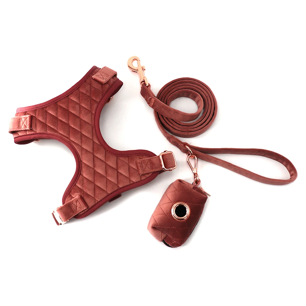 2024 Custom Colors and Patterns Velvet Dog Harness Set with Rose Gold Metal Buckles suit for Puppy Dog