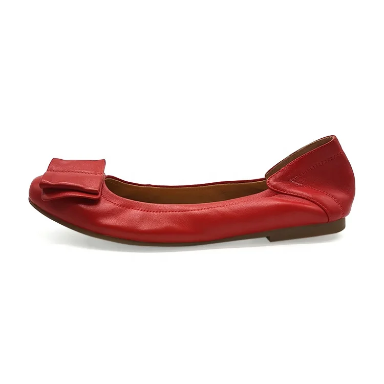 Wholesale guangzhou ladies soft comfort red leather flat shoes with thick sponge