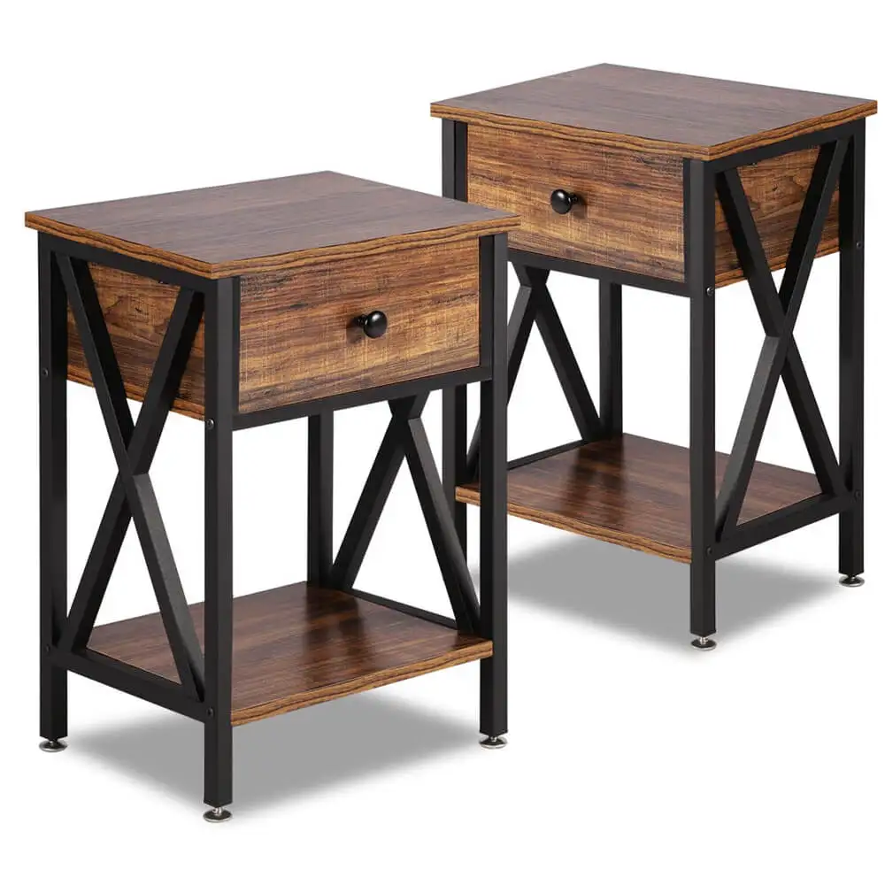 Modern Versatile Nightstands X-Design Side End Table Night Stand Storage Shelf with Bin Drawer for Living Room Bedroom, Set of 2