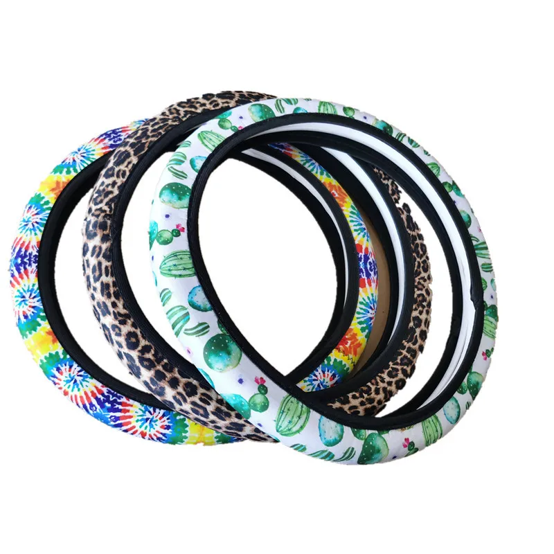 Custom neoprene car steering wheel cover universal car accessories decoration tie-dye leopard prints steering wheel protector