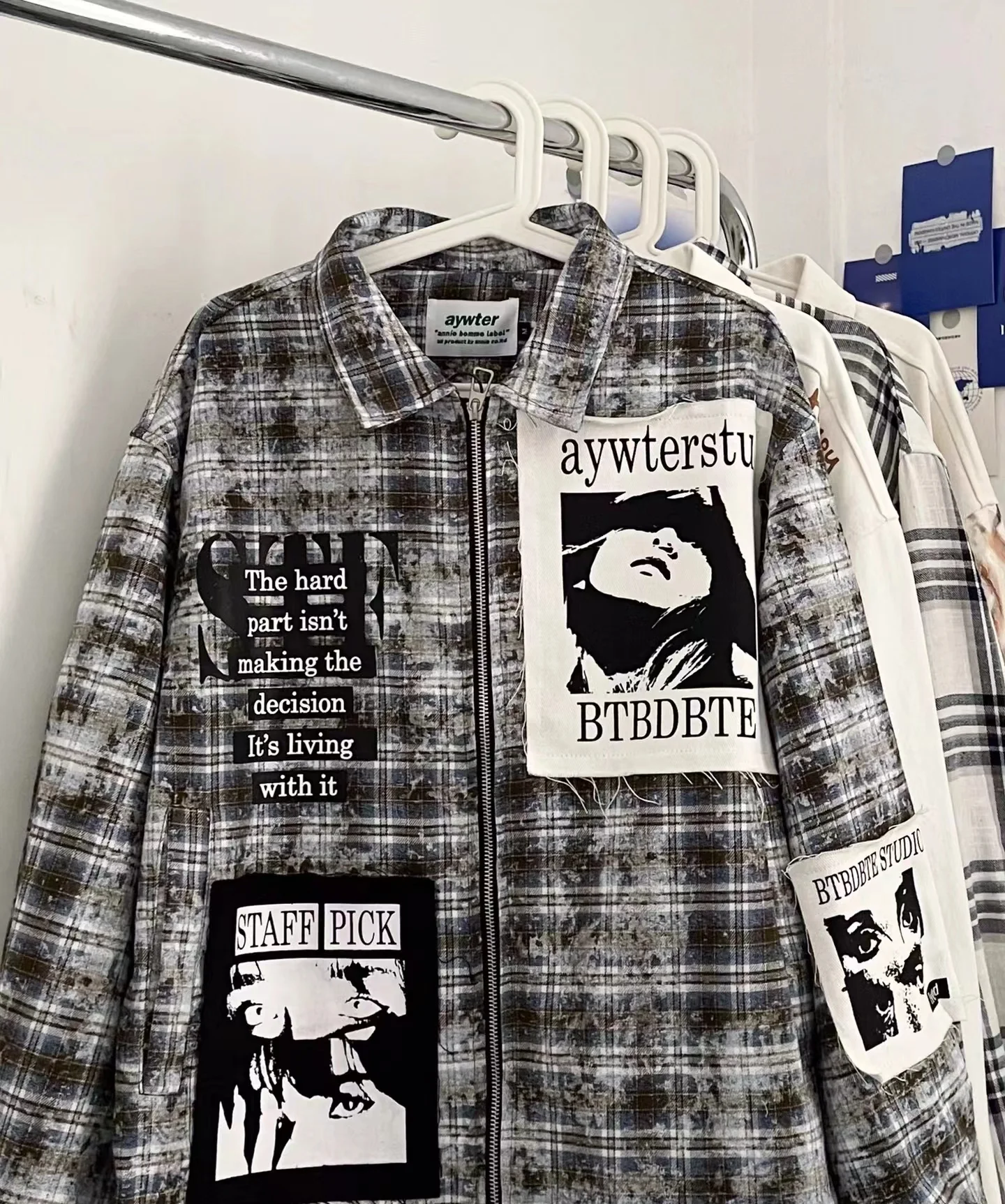 2024 Spring New American Retro Jacket Washed Old Checkered Punk Patch Printed Zipper Closure Vintage Embroidered