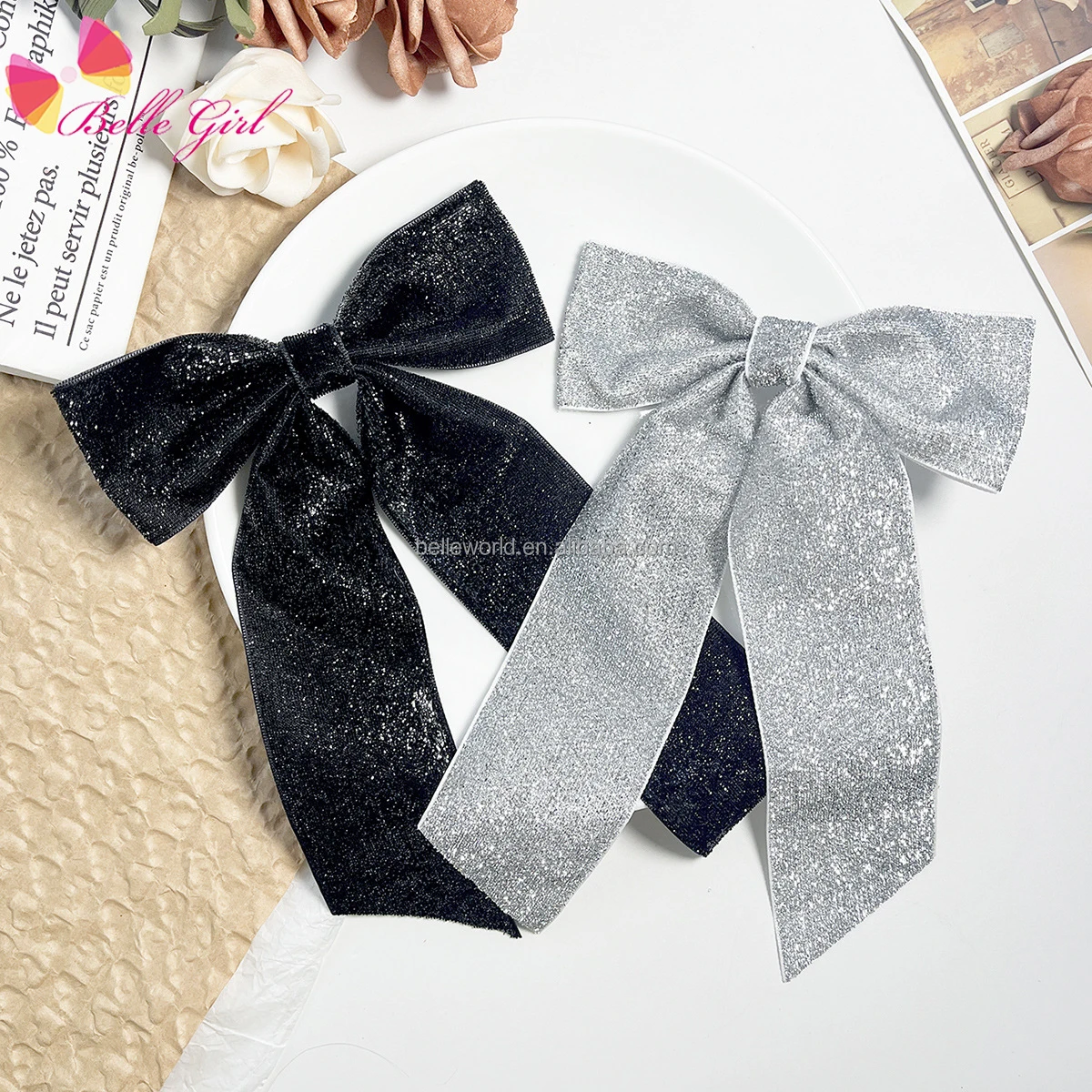 BELLEWORLD wholesale long tail hair ribbon fabric bow hair clips for women girls accessories glitter handmade bowknot barrettes