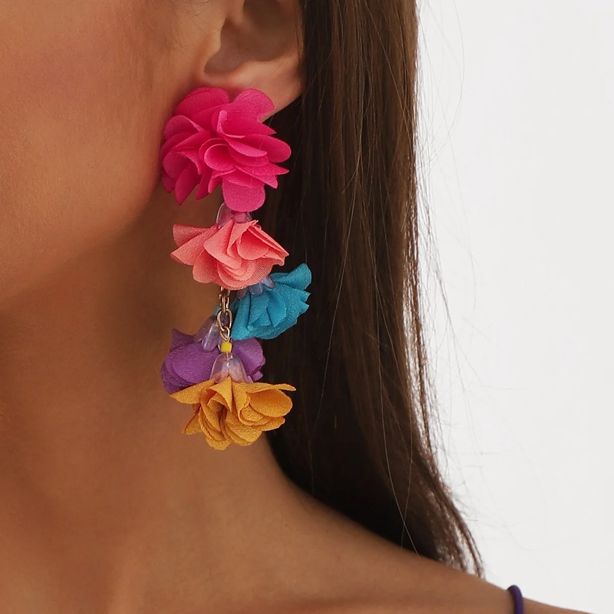 New hot-selling handmade fabric fringe flower earrings fashion bohemian style stud earrings