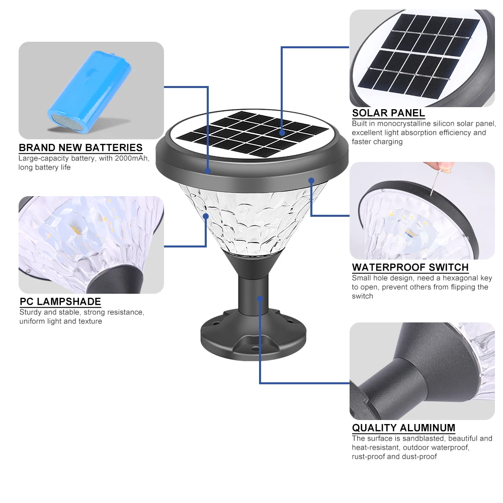 LAP Ip65 Waterproof Aluminum Outdoor Solar Power Garden Light Solar Pillar Lights