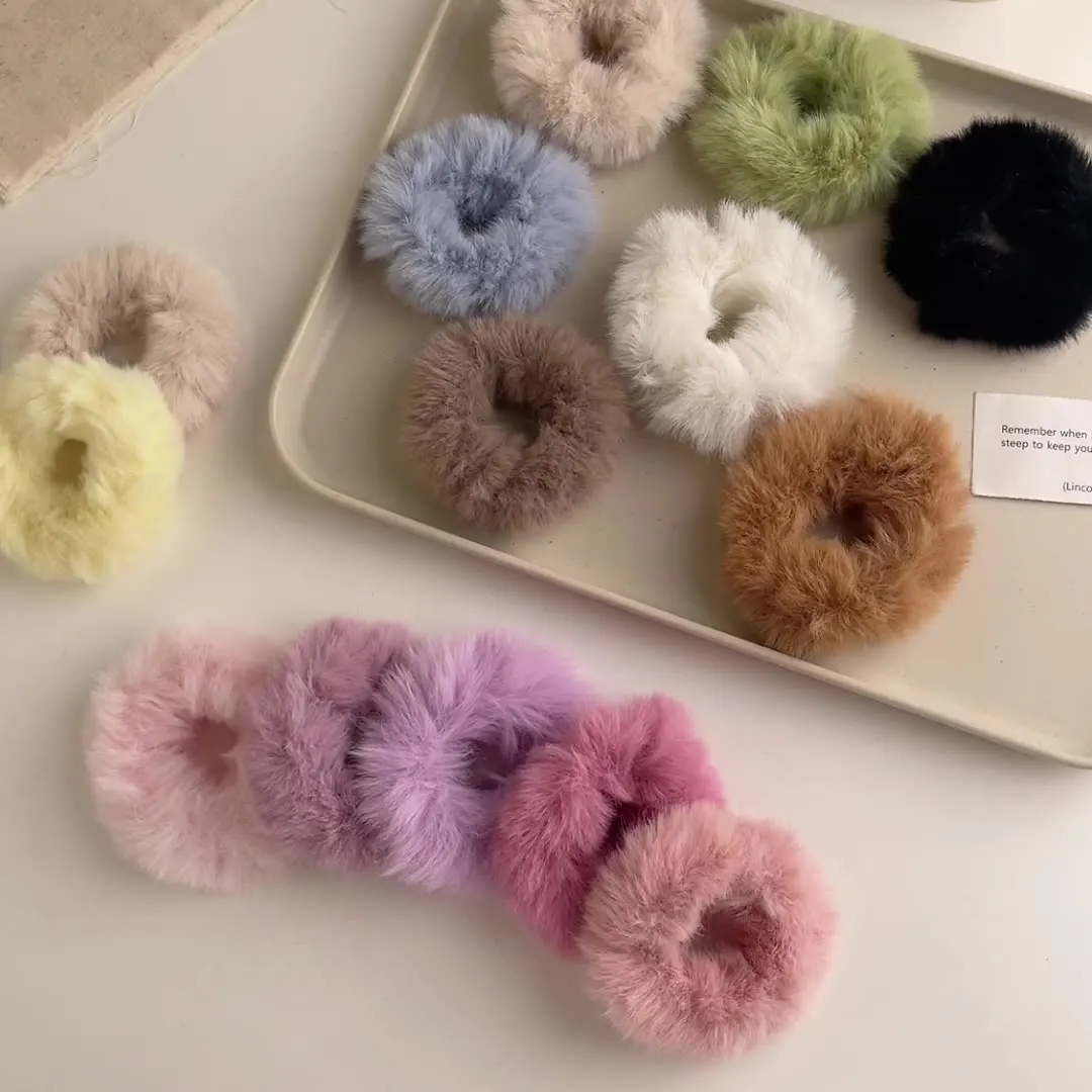 Sweet Autumn Winter Girls Elastic Plush Hair Band Artificial Faux Fur Hair Accessories Colorful Furry Scrunchie Simplic Hair Tie