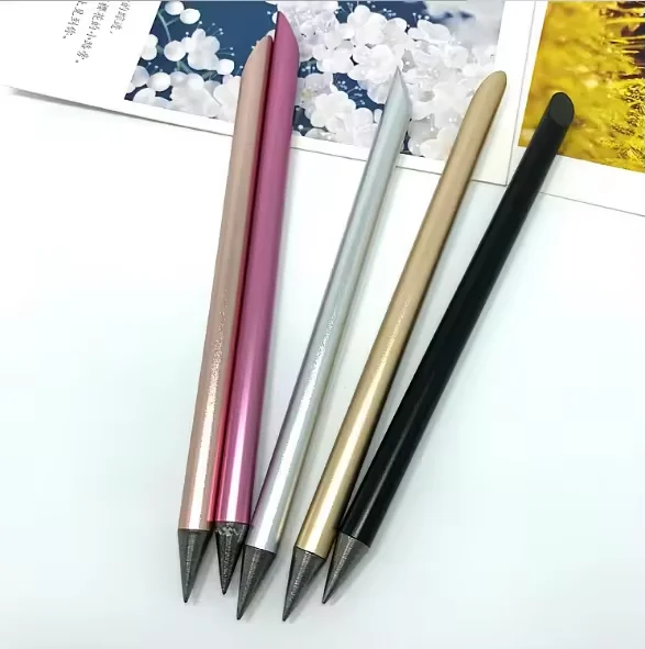 High Quality Metal Silvery Eternal Pencil Continuously Ink Fashionable Durable Diagonal Top Metal Pencil With Custom Logo
