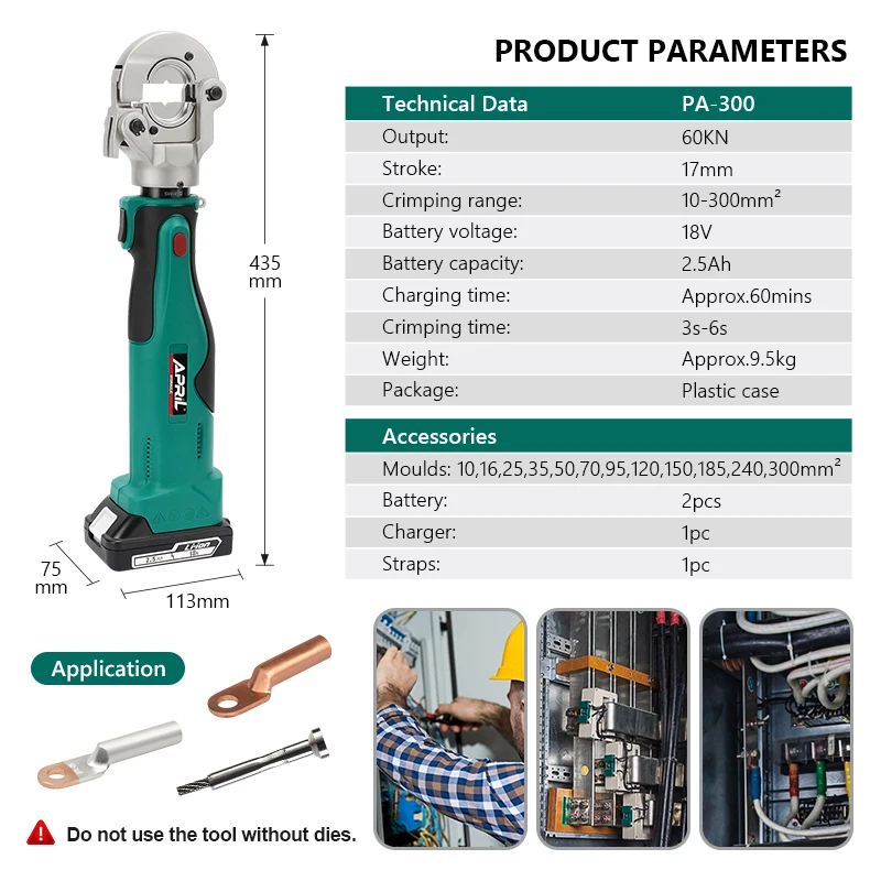 Hydraulic Battery Cable Lug Crimping Tools Battery Powered Copper Press Tool PA-300