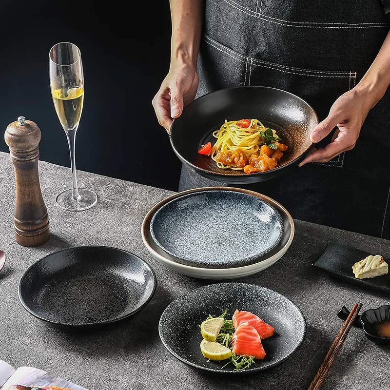 Круглые винтажные блюда черная японская пицца суши мясо еда фарфоровые керамические тарелки для ресторана дома