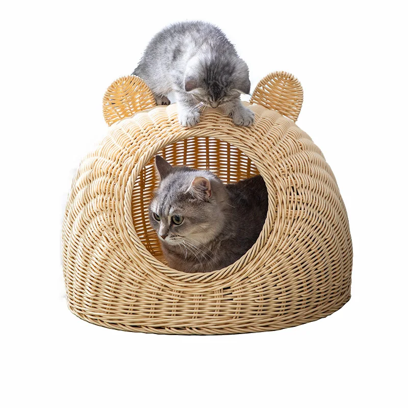 Wholesale Cute Pet Product Cages Houses Summer Washable Eco Friendly PE Rattan Cat Houses Bed