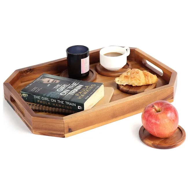 Оттоманский твердый поднос, деревянный сервировочный поднос с вырезами, угловыми краями и 4 деревянными подставками