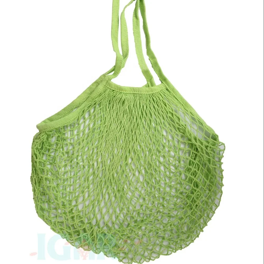 Large capacity expandable mesh fruit vegetable storage bag with long handle Lightweight and expandable cotton crocheted net bag