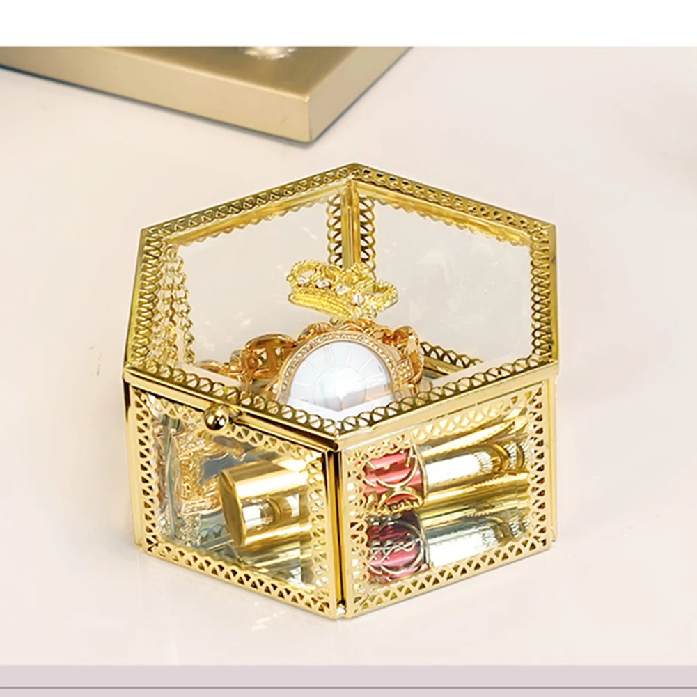 
Morden Vintage Tempered Glass Hexagon Transparent Sweet Luxury Small clear gold jewelry Trinket gift box 