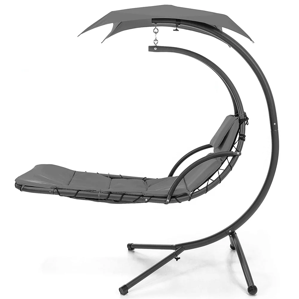 Vintage Outdoor 1 Seater Floating Chaise Canopy Swing Lounge Chair Hanging Curved Steel Chaise Lounge Patio Hanging Chaise Chair