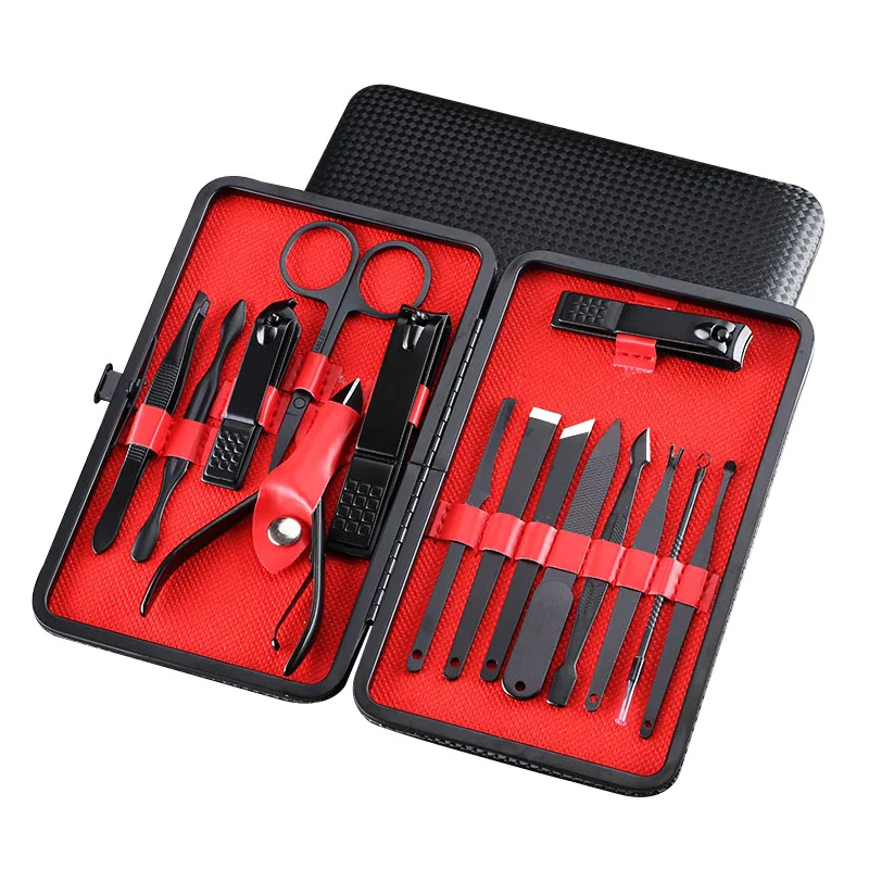 FOCSTAR Hot Selling 7 8 10 11 12 15 16 18 PCS Black Stainless Steel Manicure Set Pedicure Kit (M041)