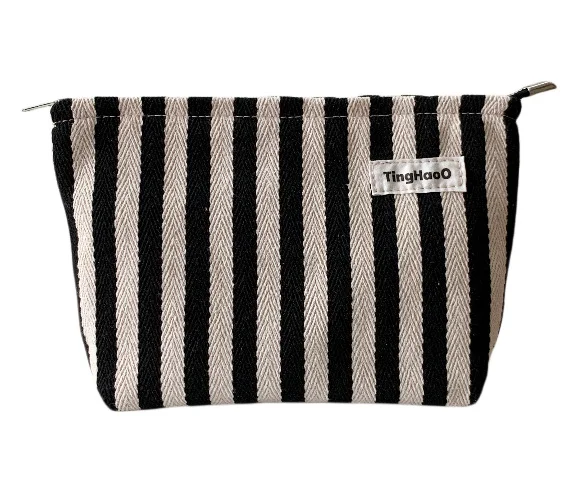 DICHOS Original Large-Capacity Stripe Cotton Cosmetic Bag Portable Zipper Pocket Small Cloth Carry-On Makeup Bag