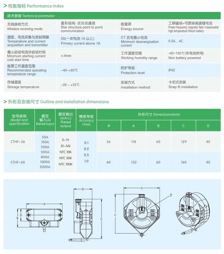 Hot-Selling CTHF Series 50A-2000A Temperature Sensor 0-1V Outdoor Waterproof Wireless Current Sensor for Data Measurement