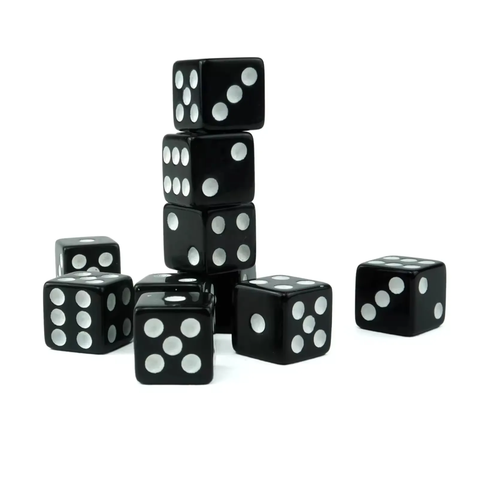 wholesale custom 10mm black acrylic dice with white dot square d6 sided with straight corner for casino card board games