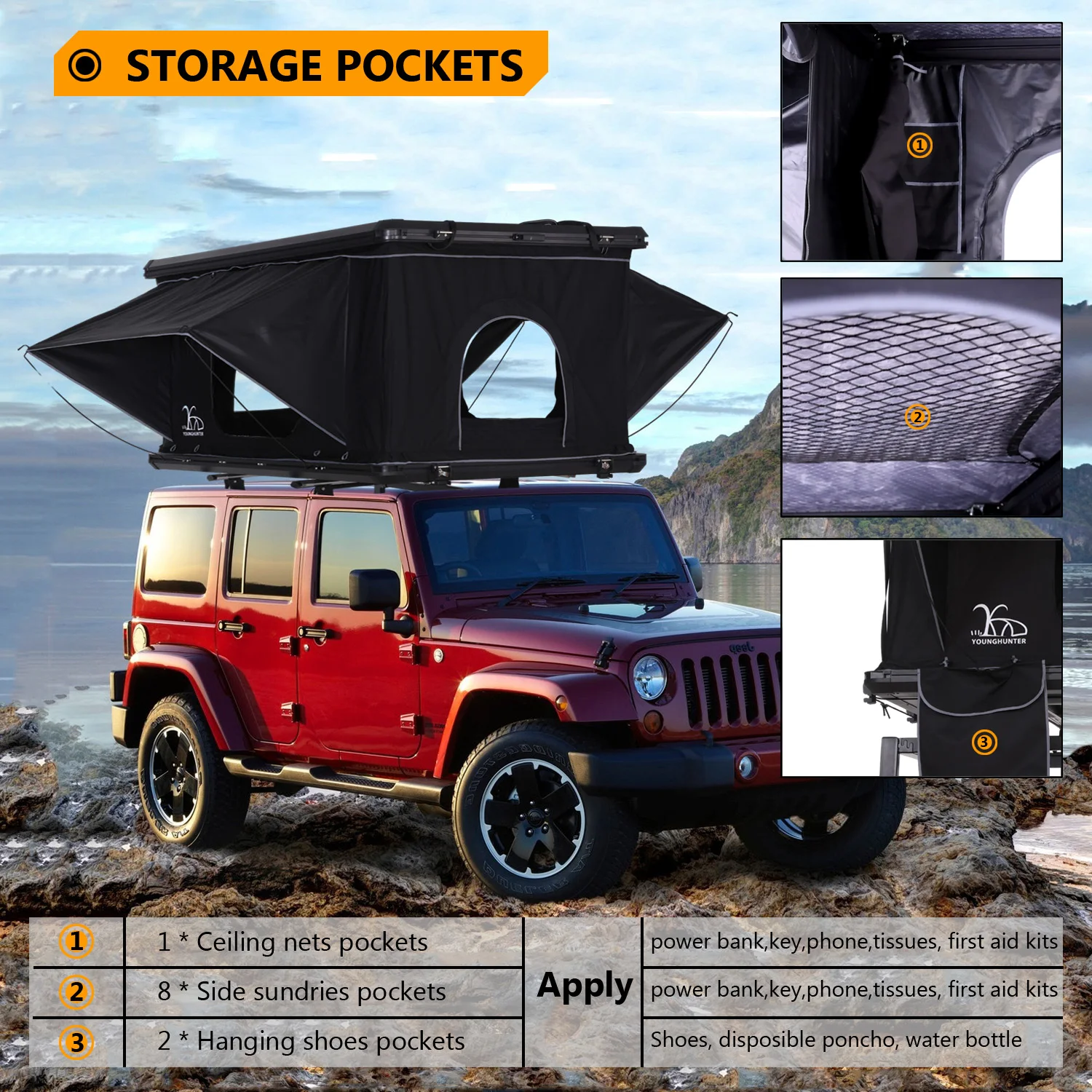 Wholesale rectangle car canvas camping aluminum rooftop tent car hard shell roof
