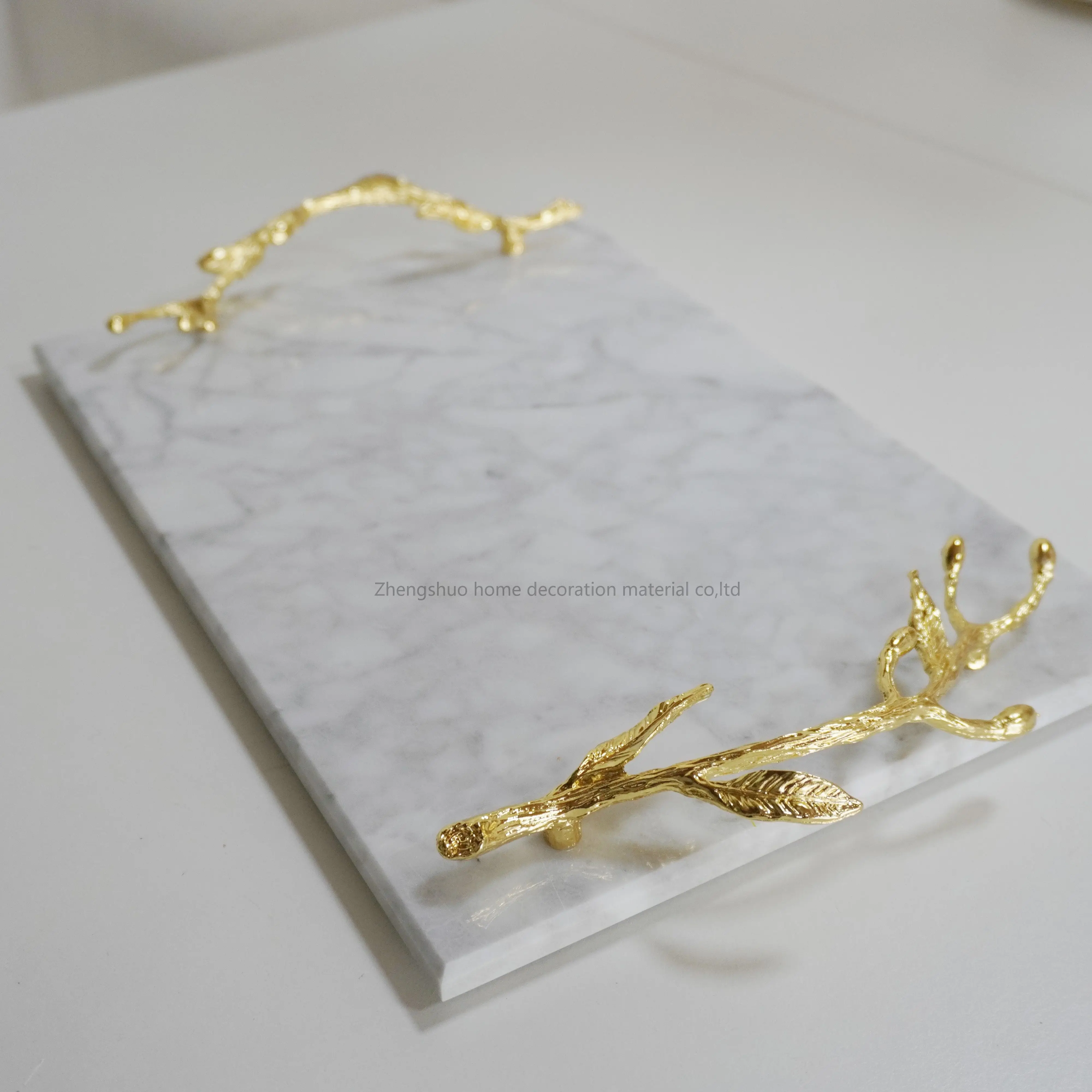 Factory wholesale  natural  white marble tray with gold flowers handles  for home decor