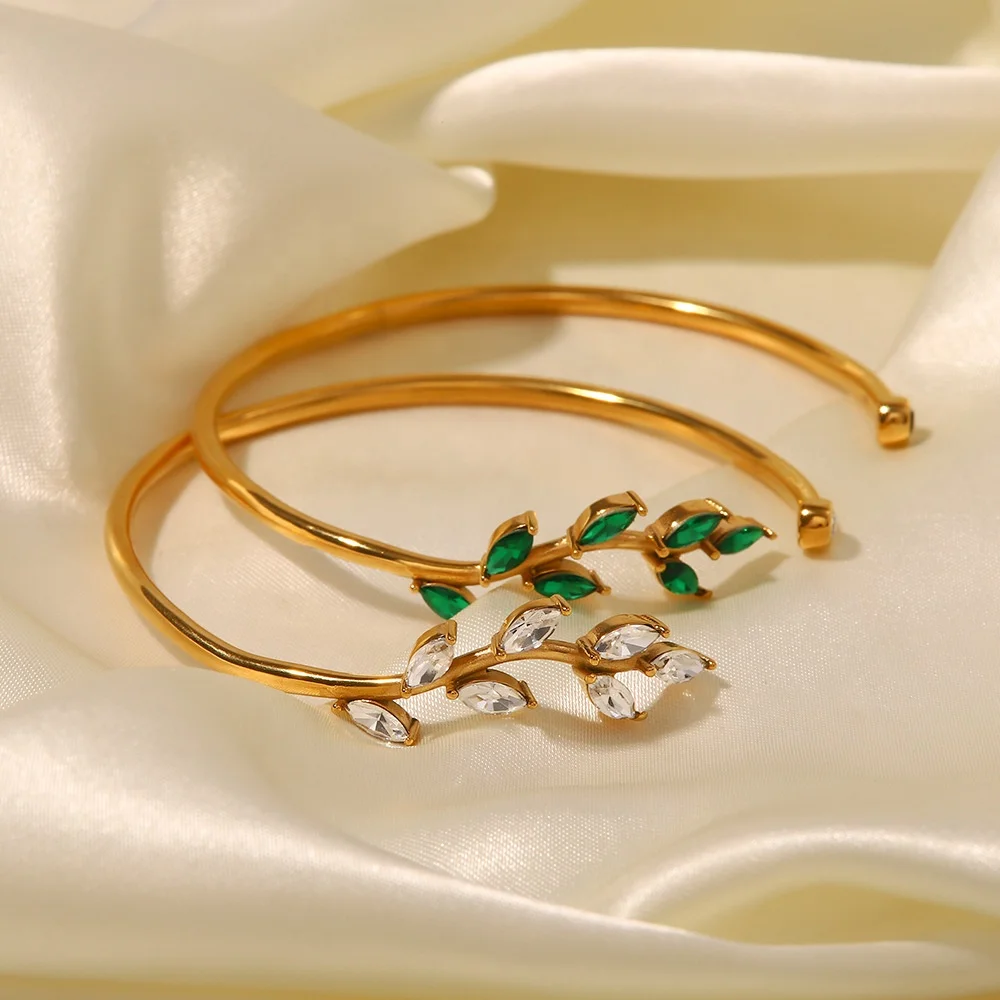 Dr. Jewelry Minimalist Design Cubic Zirconia Green Zircon Stone 18K Gold Stainless Steel Leaf Bangle for Women Jewelry