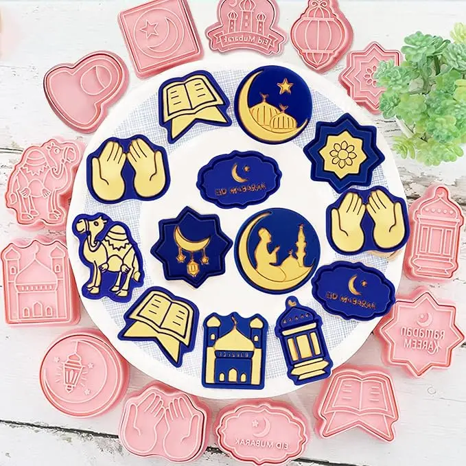 Eid Mubarak Cookie Cutters with Plunger Stamps Islamic Muslim Biscuit Mold Star Lantern Moon Ramadan Plastic Cookie Cutter EID